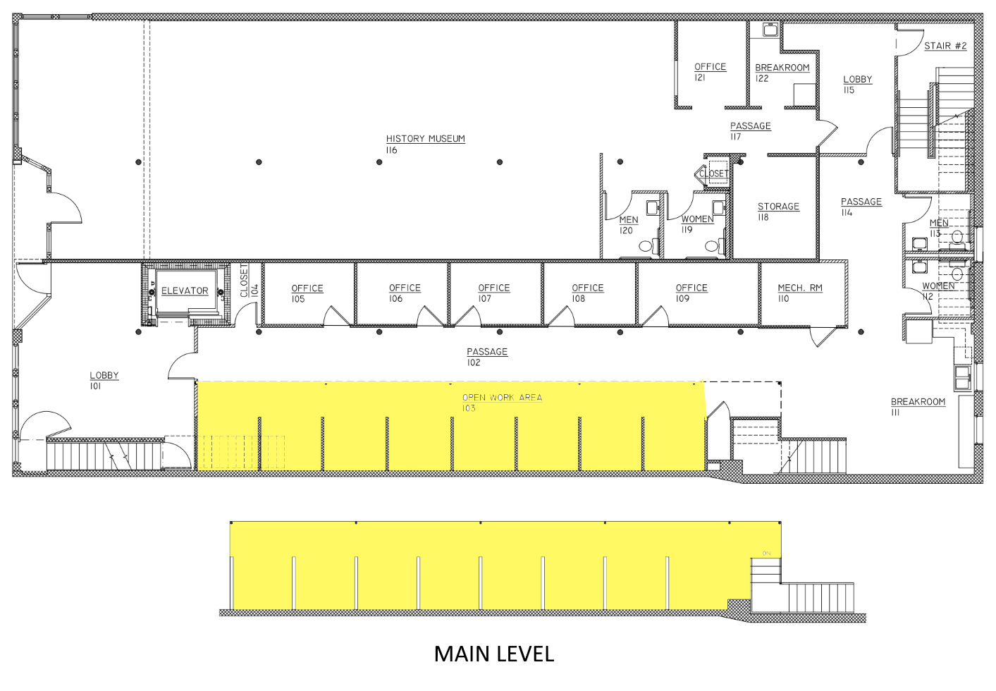 Floor plan of the main level of the Building. The open work area in the lower portion of the plan is shaded to indicate the License Area.
